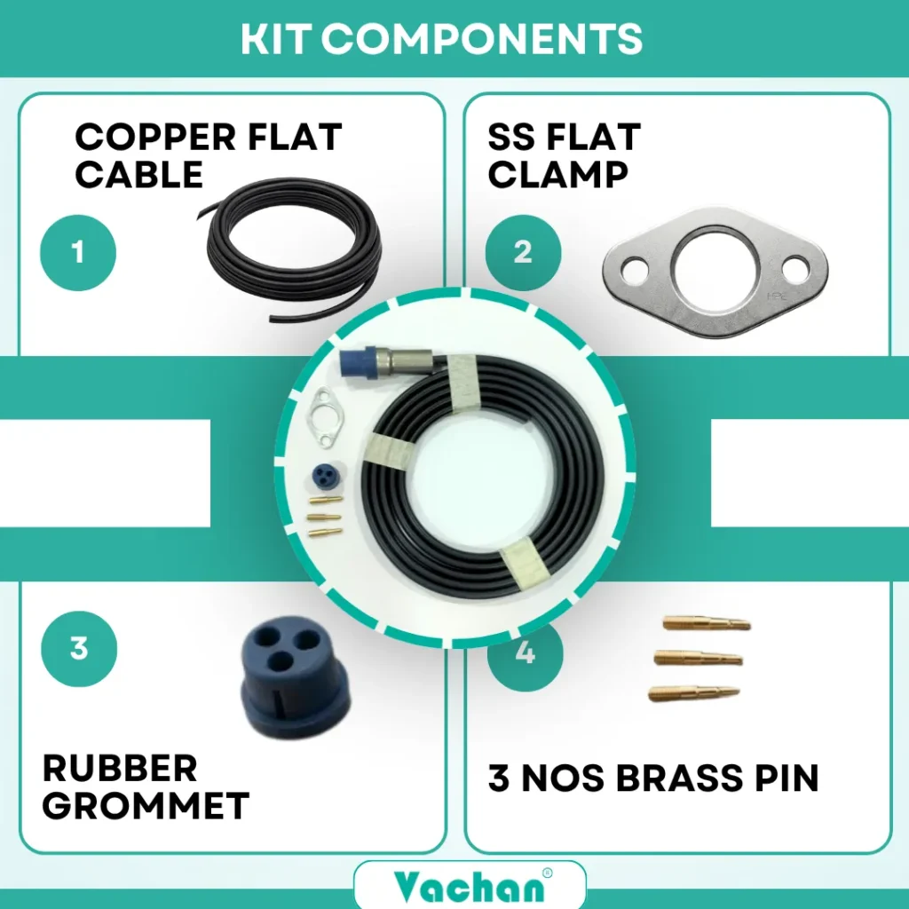 Complete Vachan V4 ISI Marked Oil Filled Cable Kit containing premium copper flat cable, stainless steel flat clamp, high-quality Teflon wires, and waterproof 3-pin moulded socket for V4 submersible pumps. Each component is manufactured to provide secure electrical connections, excellent insulation, waterproof sealing, corrosion resistance, and long-lasting field performance. Designed for professional installation in borewell pumps, agricultural irrigation systems, industrial pumping equipment, commercial water systems, and domestic water supply applications. Popular Google search keywords include V4 cable kit components, submersible pump spare parts, waterproof cable kit, oil filled cable, Teflon wire, V4 motor cable, borewell motor cable, waterproof socket, pump wiring kit, and ISI marked submersible cable. 2