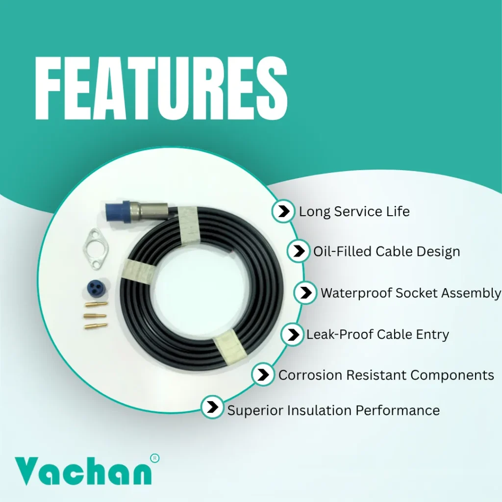 Feature overview of the Vachan V4 ISI Marked Oil Filled Cable Kit designed for submersible pumps. The cable kit offers long service life, oil filled cable construction, waterproof socket assembly, leak-proof cable entry, corrosion-resistant components, and superior insulation performance. Manufactured using premium copper conductors and high-quality insulating materials to withstand harsh underwater operating conditions. Suitable for borewell motors, agricultural irrigation pumps, residential water systems, industrial water transfer applications, and commercial pumping installations. Frequently searched keywords include V4 cable kit, oil filled flat cable, submersible motor cable, waterproof pump cable, ISI marked cable kit, borewell cable replacement, V4 pump accessories, heavy-duty electrical cable, waterproof connector, and submersible spare parts. 2