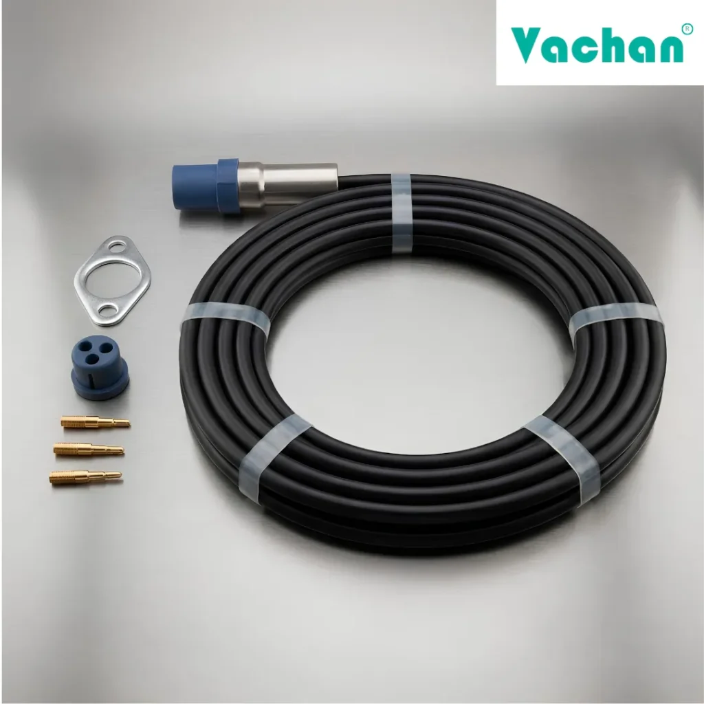 Compact view of the Vachan ISI Marked V4 Oil Filled Cable Kit featuring a heavy-duty oil filled flat cable, waterproof moulded socket, and stainless steel flat clamp for V4 submersible pumps. Manufactured for dependable electrical performance, waterproof sealing, and superior insulation in borewell motor installations. Suitable for replacing damaged submersible motor cables in agricultural, residential, commercial, and industrial pumping systems. Designed for extended service life under continuous operation. Common Google search terms include V4 oil filled cable, submersible pump cable kit, waterproof cable assembly, ISI marked pump cable, borewell motor cable, V4 motor spare parts, replacement submersible cable, oil filled flat cable, waterproof connector cable, and heavy-duty pump wiring kit. 2