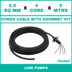 Power Cable with Rubber Grommet Kit for Lubi dewatering pumps featuring a 2.5 SQ MM X 4 CORE X 5 MTRS cable with waterproof rubber grommet assembly for secure cable sealing and electrical connection. Designed for submersible pumps, dewatering pumps, industrial water pumps, and pump spare part replacement applications, this durable cable kit provides reliable power transmission, leak-proof installation, and long-lasting performance in demanding industrial and water management environments. Power Cable With Rubber Grommet Contains : 1. SS 304 CLamp Flat, 2. Rubber Bush , 3. SS 304 PClip & 4. SS 304 Washer