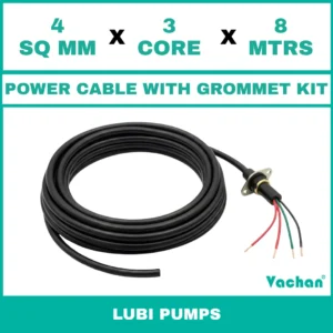 Power Cable with Rubber Grommet Kit for Lubi dewatering pumps featuring a 4 SQ MM X 3 CORE X 5 MTRS cable with waterproof rubber grommet assembly for secure cable sealing and electrical connection. Designed for submersible pumps, dewatering pumps, industrial water pumps, and pump spare part replacement applications, this durable cable kit provides reliable power transmission, leak-proof installation, and long-lasting performance in demanding industrial and water management environments. Power Cable With Rubber Grommet Contains : 1. SS 304 CLamp Flat, 2. Rubber Bush , 3. SS 304 PClip & 4. SS 304 Washer