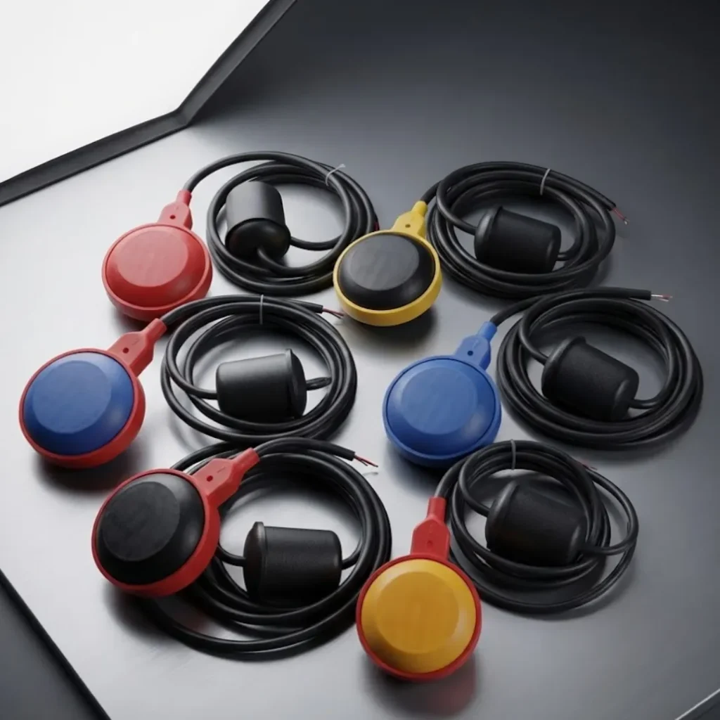 Professional product photoshoot of Custom Colour Float Switch With Counter Weight available in blue, red, yellow, black, and dual-colour combinations. Designed for OEM manufacturing, private label branding, automatic water level controllers, pump automation systems, industrial water tanks, agricultural irrigation, and commercial water management applications.