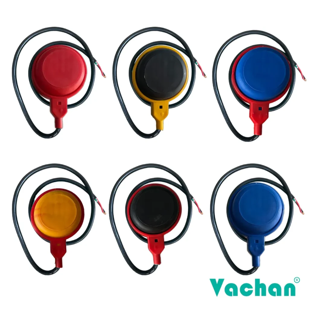 Custom Colour Float Switch Without Counter Weight available in multiple colour combinations for OEM branding and automatic water level control. Designed for overhead water tanks, sump tanks, borewell pumps, industrial water storage systems, irrigation systems, sewage treatment plants, and commercial pump automation applications with reliable water level sensing and long service life.