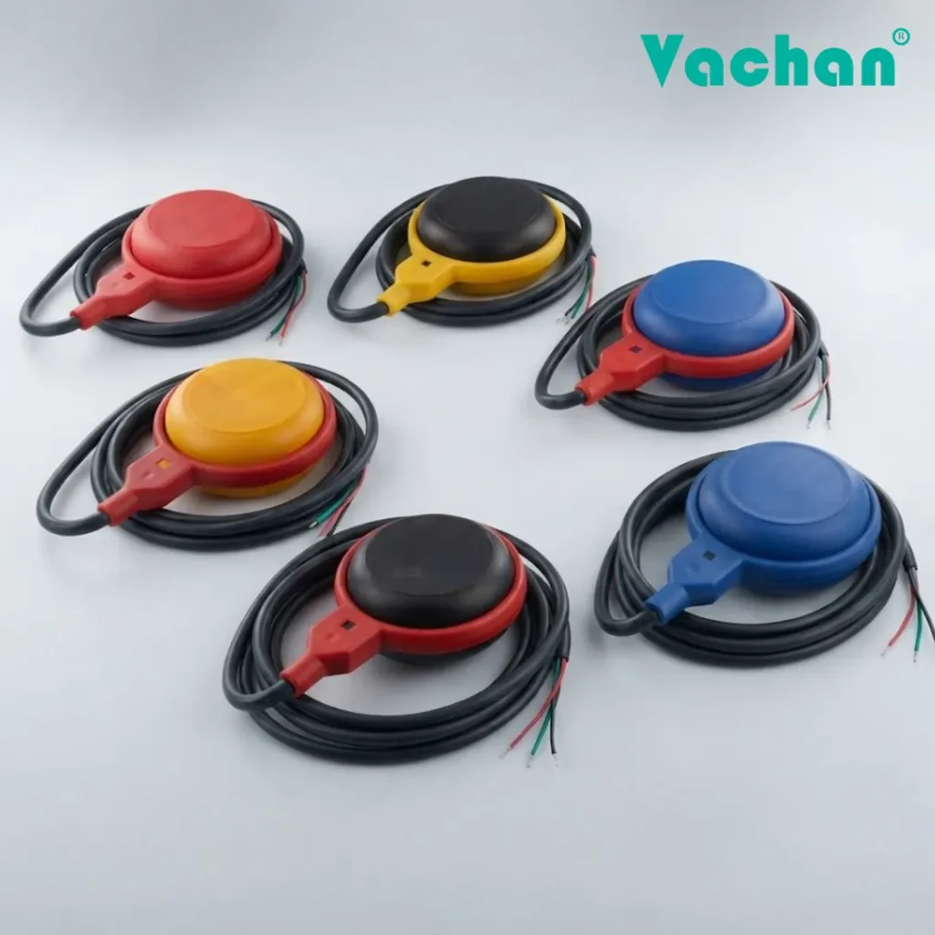 Professional product photoshoot of Custom Colour Float Switch Without Counter Weight available in blue, red, yellow, black, and dual-colour combinations. Designed for OEM manufacturing, private label branding, automatic water level controllers, pump automation systems, industrial water tanks, agricultural irrigation, and commercial water management applications.