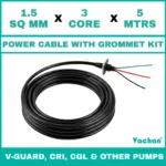 Power Cable with Rubber Grommet Kit for V-Guard, CRI, CGL & Other dewatering pumps featuring a 1.5 SQ MM X 3 CORE X 5 MTRS cable with waterproof rubber grommet assembly for secure cable sealing and electrical connection. Designed for submersible pumps, dewatering pumps, industrial water pumps, and pump spare part replacement applications, this durable cable kit provides reliable power transmission, leak-proof installation, and long-lasting performance in demanding industrial and water management environments. Power Cable With Rubber Grommet Contains : 1. SS 304 collar clamp, 2. Rubber Bush , 3. SS 304 PClip & 4. SS 304 Washer