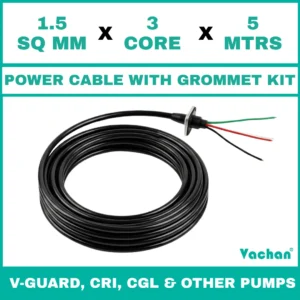 Power Cable with Rubber Grommet Kit for V-Guard, CRI, CGL & Other dewatering pumps featuring a 1.5 SQ MM X 3 CORE X 5 MTRS cable with waterproof rubber grommet assembly for secure cable sealing and electrical connection. Designed for submersible pumps, dewatering pumps, industrial water pumps, and pump spare part replacement applications, this durable cable kit provides reliable power transmission, leak-proof installation, and long-lasting performance in demanding industrial and water management environments. Power Cable With Rubber Grommet Contains : 1. SS 304 collar clamp, 2. Rubber Bush , 3. SS 304 PClip & 4. SS 304 Washer