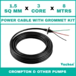 Power Cable with Rubber Grommet Kit for Crompton 7 other Pumps featuring a 1.5 SQ MM X 3 CORE X 8 MTRS cable with waterproof rubber grommet assembly for secure cable sealing and electrical connection. Designed for submersible pumps, dewatering pumps, industrial water pumps, and pump spare part replacement applications, this durable cable kit provides reliable power transmission, leak-proof installation, and long-lasting performance in demanding industrial and water management environments. Power Cable With Rubber Grommet Contains : 1. SS 304 collar clamp, 2. Rubber Bush , 3. SS 304 PClip & 4. SS 304 Washer