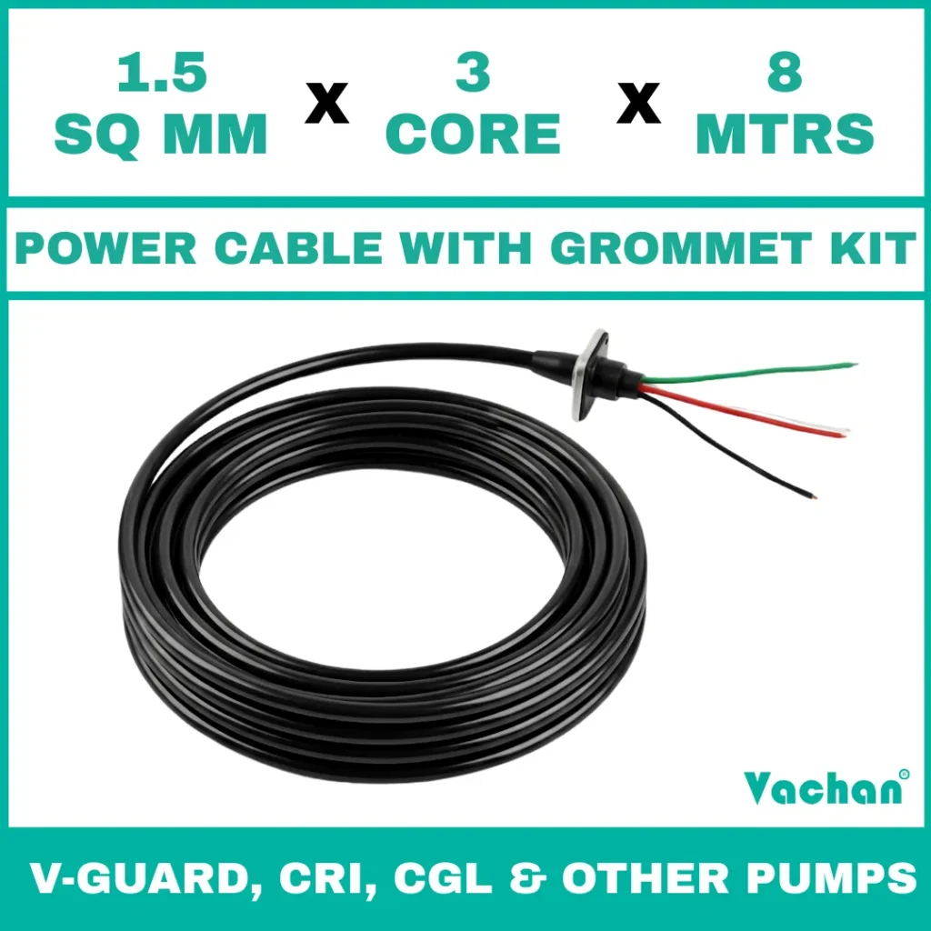 Power Cable with Rubber Grommet Kit for V-Guard, CRI, CGL & Other dewatering pumps featuring a 1.5 SQ MM X 3 CORE X 8 MTRS cable with waterproof rubber grommet assembly for secure cable sealing and electrical connection. Designed for submersible pumps, dewatering pumps, industrial water pumps, and pump spare part replacement applications, this durable cable kit provides reliable power transmission, leak-proof installation, and long-lasting performance in demanding industrial and water management environments. Power Cable With Rubber Grommet Contains : 1. SS 304 collar clamp, 2. Rubber Bush , 3. SS 304 PClip & 4. SS 304 Washer