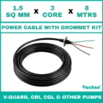Power Cable with Rubber Grommet Kit for V-Guard, CRI, CGL & Other dewatering pumps featuring a 1.5 SQ MM X 3 CORE X 8 MTRS cable with waterproof rubber grommet assembly for secure cable sealing and electrical connection. Designed for submersible pumps, dewatering pumps, industrial water pumps, and pump spare part replacement applications, this durable cable kit provides reliable power transmission, leak-proof installation, and long-lasting performance in demanding industrial and water management environments. Power Cable With Rubber Grommet Contains : 1. SS 304 collar clamp, 2. Rubber Bush , 3. SS 304 PClip & 4. SS 304 Washer