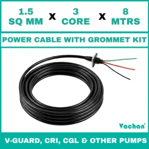 Power Cable with Rubber Grommet Kit for V-Guard, CRI, CGL & Other dewatering pumps featuring a 1.5 SQ MM X 3 CORE X 8 MTRS cable with waterproof rubber grommet assembly for secure cable sealing and electrical connection. Designed for submersible pumps, dewatering pumps, industrial water pumps, and pump spare part replacement applications, this durable cable kit provides reliable power transmission, leak-proof installation, and long-lasting performance in demanding industrial and water management environments. Power Cable With Rubber Grommet Contains : 1. SS 304 collar clamp, 2. Rubber Bush , 3. SS 304 PClip & 4. SS 304 Washer