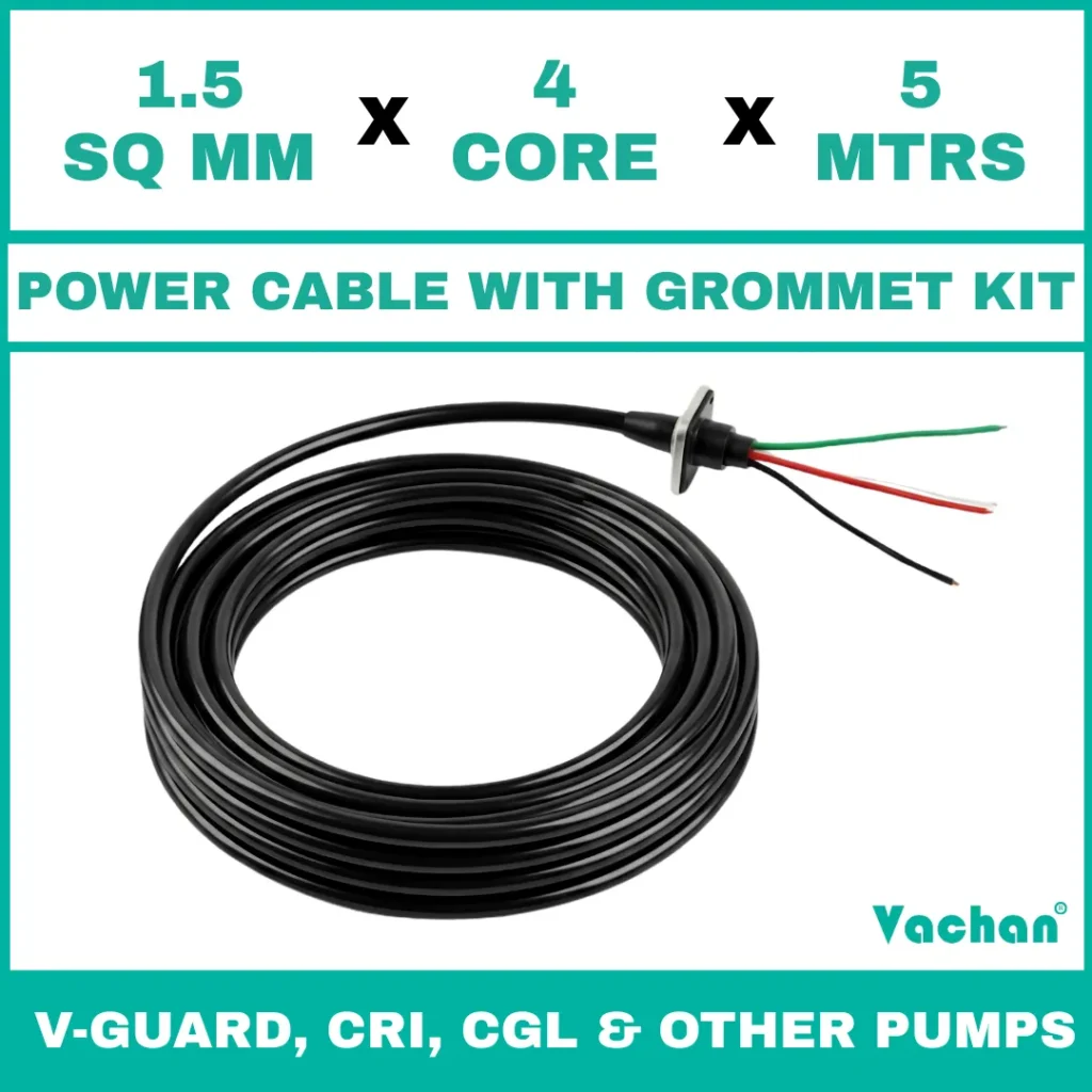 Power Cable with Rubber Grommet Kit for V-Guard, CRI, CGL & Other dewatering pumps featuring a 1.5 SQ MM X 4 CORE X 5 MTRS cable with waterproof rubber grommet assembly for secure cable sealing and electrical connection. Designed for submersible pumps, dewatering pumps, industrial water pumps, and pump spare part replacement applications, this durable cable kit provides reliable power transmission, leak-proof installation, and long-lasting performance in demanding industrial and water management environments. Power Cable With Rubber Grommet Contains : 1. SS 304 collar clamp, 2. Rubber Bush , 3. SS 304 PClip & 4. SS 304 Washer