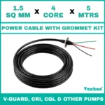 Power Cable with Rubber Grommet Kit for V-Guard, CRI, CGL & Other dewatering pumps featuring a 1.5 SQ MM X 4 CORE X 5 MTRS cable with waterproof rubber grommet assembly for secure cable sealing and electrical connection. Designed for submersible pumps, dewatering pumps, industrial water pumps, and pump spare part replacement applications, this durable cable kit provides reliable power transmission, leak-proof installation, and long-lasting performance in demanding industrial and water management environments. Power Cable With Rubber Grommet Contains : 1. SS 304 collar clamp, 2. Rubber Bush , 3. SS 304 PClip & 4. SS 304 Washer