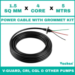 Power Cable with Rubber Grommet Kit for V-Guard, CRI, CGL & Other dewatering pumps featuring a 1.5 SQ MM X 4 CORE X 5 MTRS cable with waterproof rubber grommet assembly for secure cable sealing and electrical connection. Designed for submersible pumps, dewatering pumps, industrial water pumps, and pump spare part replacement applications, this durable cable kit provides reliable power transmission, leak-proof installation, and long-lasting performance in demanding industrial and water management environments. Power Cable With Rubber Grommet Contains : 1. SS 304 collar clamp, 2. Rubber Bush , 3. SS 304 PClip & 4. SS 304 Washer