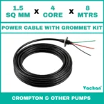 Power Cable with Rubber Grommet Kit for Crompton 7 other Pumps featuring a 1.5 SQ MM X 4 CORE X 8 MTRS cable with waterproof rubber grommet assembly for secure cable sealing and electrical connection. Designed for submersible pumps, dewatering pumps, industrial water pumps, and pump spare part replacement applications, this durable cable kit provides reliable power transmission, leak-proof installation, and long-lasting performance in demanding industrial and water management environments. Power Cable With Rubber Grommet Contains : 1. SS 304 collar clamp, 2. Rubber Bush , 3. SS 304 PClip & 4. SS 304 Washer