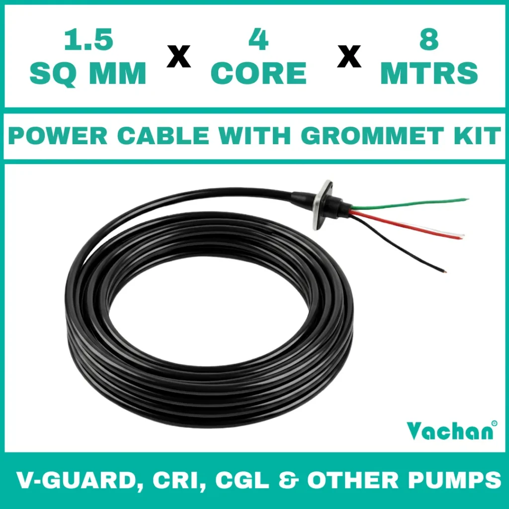 Power Cable with Rubber Grommet Kit for V-Guard, CRI, CGL & Other dewatering pumps featuring a 1.5 SQ MM X 4 CORE X 8 MTRS cable with waterproof rubber grommet assembly for secure cable sealing and electrical connection. Designed for submersible pumps, dewatering pumps, industrial water pumps, and pump spare part replacement applications, this durable cable kit provides reliable power transmission, leak-proof installation, and long-lasting performance in demanding industrial and water management environments. Power Cable With Rubber Grommet Contains : 1. SS 304 collar clamp, 2. Rubber Bush , 3. SS 304 PClip & 4. SS 304 Washer