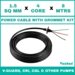 Power Cable with Rubber Grommet Kit for V-Guard, CRI, CGL & Other dewatering pumps featuring a 1.5 SQ MM X 4 CORE X 8 MTRS cable with waterproof rubber grommet assembly for secure cable sealing and electrical connection. Designed for submersible pumps, dewatering pumps, industrial water pumps, and pump spare part replacement applications, this durable cable kit provides reliable power transmission, leak-proof installation, and long-lasting performance in demanding industrial and water management environments. Power Cable With Rubber Grommet Contains : 1. SS 304 collar clamp, 2. Rubber Bush , 3. SS 304 PClip & 4. SS 304 Washer