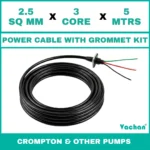 Power Cable with Rubber Grommet Kit for Crompton 7 other Pumps featuring a 2.5 SQ MM X 3 CORE X 5 MTRS cable with waterproof rubber grommet assembly for secure cable sealing and electrical connection. Designed for submersible pumps, dewatering pumps, industrial water pumps, and pump spare part replacement applications, this durable cable kit provides reliable power transmission, leak-proof installation, and long-lasting performance in demanding industrial and water management environments. Power Cable With Rubber Grommet Contains : 1. SS 304 collar clamp, 2. Rubber Bush , 3. SS 304 PClip & 4. SS 304 Washer