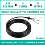 Power Cable with Rubber Grommet Kit for V-Guard, CRI, CGL & Other dewatering pumps featuring a 2.5 SQ MM X 3 CORE X 5 MTRS cable with waterproof rubber grommet assembly for secure cable sealing and electrical connection. Designed for submersible pumps, dewatering pumps, industrial water pumps, and pump spare part replacement applications, this durable cable kit provides reliable power transmission, leak-proof installation, and long-lasting performance in demanding industrial and water management environments. Power Cable With Rubber Grommet Contains : 1. SS 304 collar clamp, 2. Rubber Bush , 3. SS 304 PClip & 4. SS 304 Washer