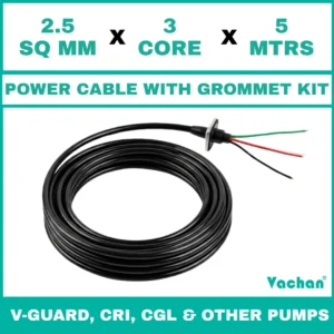 Power Cable with Rubber Grommet Kit for V-Guard, CRI, CGL & Other dewatering pumps featuring a 2.5 SQ MM X 3 CORE X 5 MTRS cable with waterproof rubber grommet assembly for secure cable sealing and electrical connection. Designed for submersible pumps, dewatering pumps, industrial water pumps, and pump spare part replacement applications, this durable cable kit provides reliable power transmission, leak-proof installation, and long-lasting performance in demanding industrial and water management environments. Power Cable With Rubber Grommet Contains : 1. SS 304 collar clamp, 2. Rubber Bush , 3. SS 304 PClip & 4. SS 304 Washer