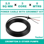 Power Cable with Rubber Grommet Kit for Crompton 7 other Pumps featuring a2.5 SQ MM X 3 CORE X 8 MTRS cable with waterproof rubber grommet assembly for secure cable sealing and electrical connection. Designed for submersible pumps, dewatering pumps, industrial water pumps, and pump spare part replacement applications, this durable cable kit provides reliable power transmission, leak-proof installation, and long-lasting performance in demanding industrial and water management environments. Power Cable With Rubber Grommet Contains : 1. SS 304 collar clamp, 2. Rubber Bush , 3. SS 304 PClip & 4. SS 304 Washer
