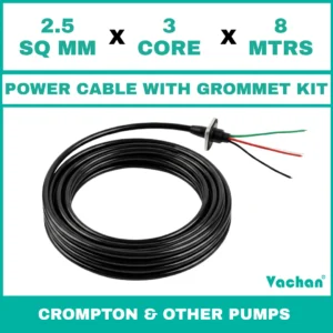 Power Cable with Rubber Grommet Kit for Crompton 7 other Pumps featuring a2.5 SQ MM X 3 CORE X 8 MTRS cable with waterproof rubber grommet assembly for secure cable sealing and electrical connection. Designed for submersible pumps, dewatering pumps, industrial water pumps, and pump spare part replacement applications, this durable cable kit provides reliable power transmission, leak-proof installation, and long-lasting performance in demanding industrial and water management environments. Power Cable With Rubber Grommet Contains : 1. SS 304 collar clamp, 2. Rubber Bush , 3. SS 304 PClip & 4. SS 304 Washer