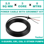 Power Cable with Rubber Grommet Kit for V-Guard, CRI, CGL & Other dewatering pumps featuring a 2.5 SQ MM X 3 CORE X 8 MTRS cable with waterproof rubber grommet assembly for secure cable sealing and electrical connection. Designed for submersible pumps, dewatering pumps, industrial water pumps, and pump spare part replacement applications, this durable cable kit provides reliable power transmission, leak-proof installation, and long-lasting performance in demanding industrial and water management environments. Power Cable With Rubber Grommet Contains : 1. SS 304 collar clamp, 2. Rubber Bush , 3. SS 304 PClip & 4. SS 304 Washer
