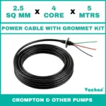 Power Cable with Rubber Grommet Kit for Crompton 7 other Pumps featuring a 2.5 SQ MM X 4 CORE X 5 MTRS cable with waterproof rubber grommet assembly for secure cable sealing and electrical connection. Designed for submersible pumps, dewatering pumps, industrial water pumps, and pump spare part replacement applications, this durable cable kit provides reliable power transmission, leak-proof installation, and long-lasting performance in demanding industrial and water management environments. Power Cable With Rubber Grommet Contains : 1. SS 304 collar clamp, 2. Rubber Bush , 3. SS 304 PClip & 4. SS 304 Washer