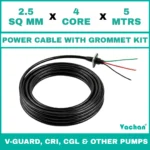 Power Cable with Rubber Grommet Kit for V-Guard, CRI, CGL & Other dewatering pumps featuring a 2.5 SQ MM X 4 CORE X 5 MTRS cable with waterproof rubber grommet assembly for secure cable sealing and electrical connection. Designed for submersible pumps, dewatering pumps, industrial water pumps, and pump spare part replacement applications, this durable cable kit provides reliable power transmission, leak-proof installation, and long-lasting performance in demanding industrial and water management environments. Power Cable With Rubber Grommet Contains : 1. SS 304 collar clamp, 2. Rubber Bush , 3. SS 304 PClip & 4. SS 304 Washer