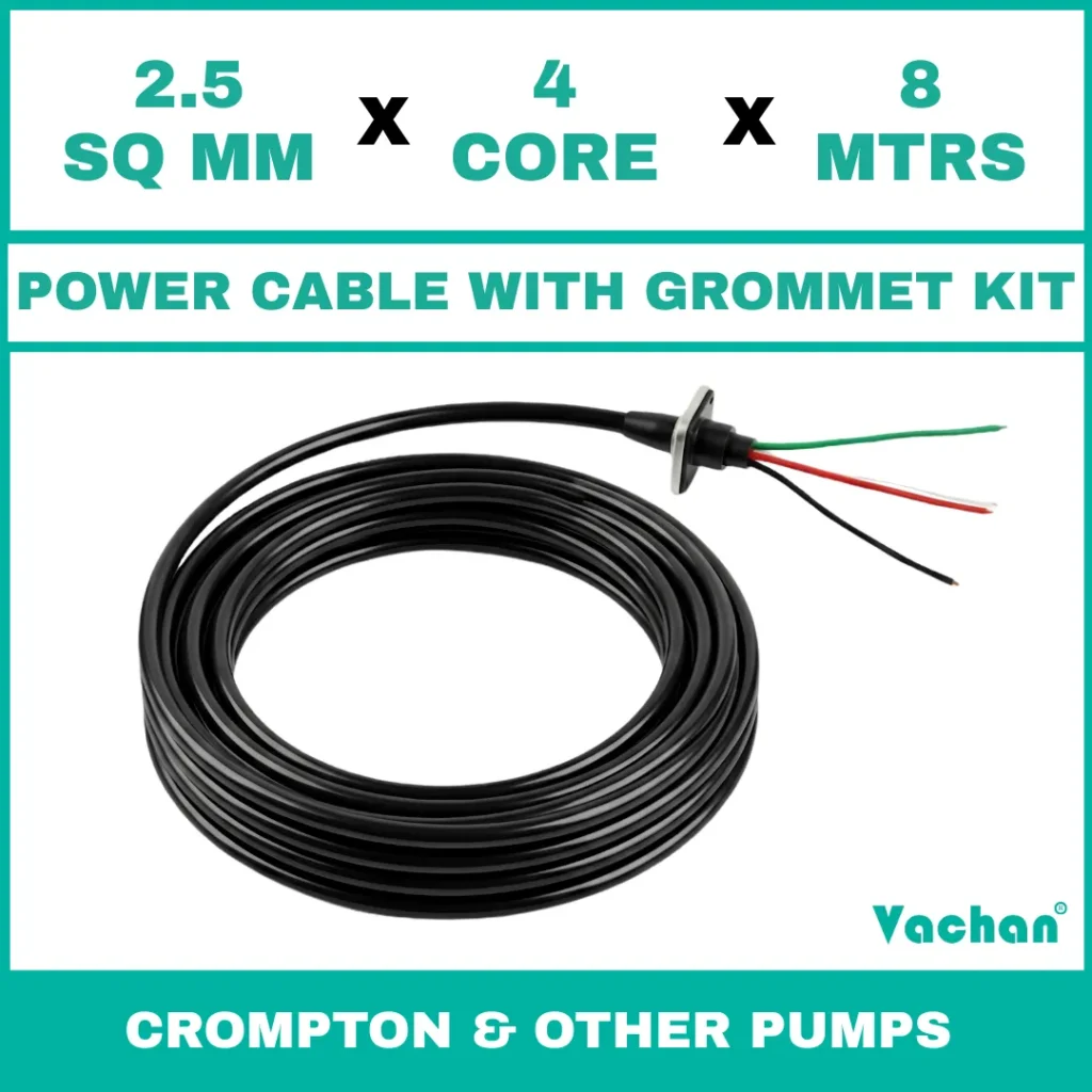 Power Cable with Rubber Grommet Kit for Crompton 7 other Pumps featuring a 2.5 SQ MM X 4 CORE X 8 MTRS cable with waterproof rubber grommet assembly for secure cable sealing and electrical connection. Designed for submersible pumps, dewatering pumps, industrial water pumps, and pump spare part replacement applications, this durable cable kit provides reliable power transmission, leak-proof installation, and long-lasting performance in demanding industrial and water management environments. Power Cable With Rubber Grommet Contains : 1. SS 304 collar clamp, 2. Rubber Bush , 3. SS 304 PClip & 4. SS 304 Washer