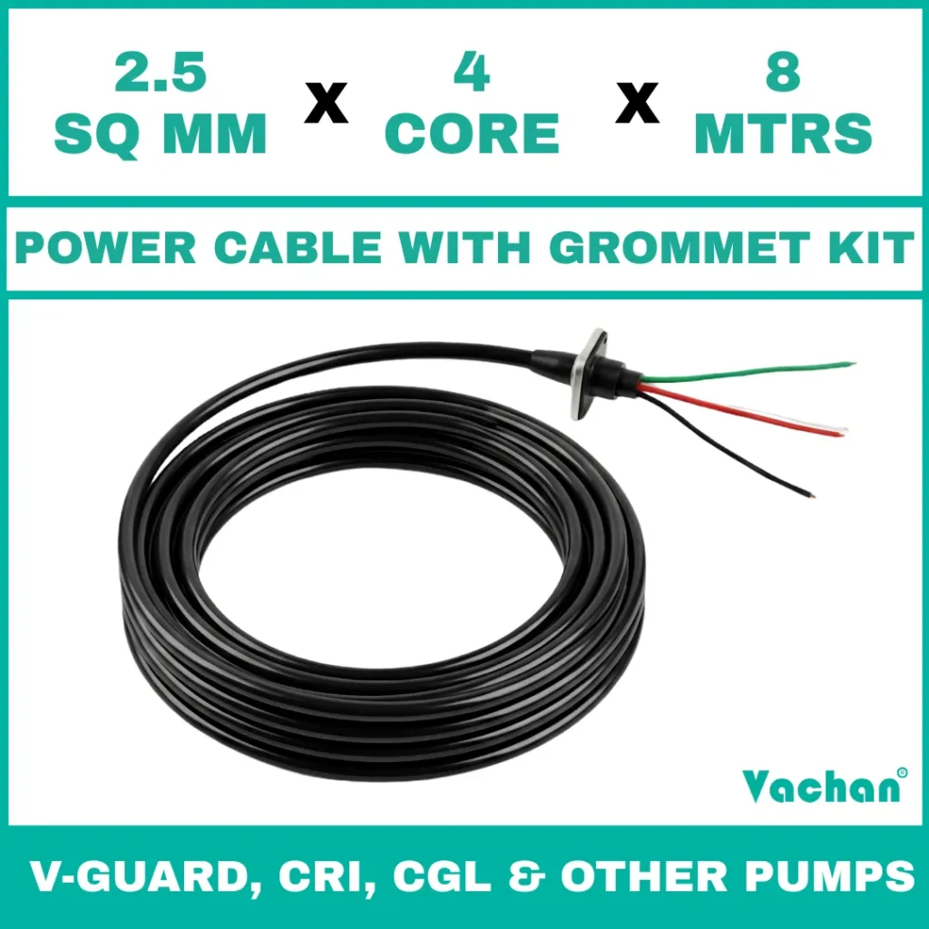 Power Cable with Rubber Grommet Kit for V-Guard, CRI, CGL & Other dewatering pumps featuring a 2.5 SQ MM X 4 CORE X 8 MTRS cable with waterproof rubber grommet assembly for secure cable sealing and electrical connection. Designed for submersible pumps, dewatering pumps, industrial water pumps, and pump spare part replacement applications, this durable cable kit provides reliable power transmission, leak-proof installation, and long-lasting performance in demanding industrial and water management environments. Power Cable With Rubber Grommet Contains : 1. SS 304 collar clamp, 2. Rubber Bush , 3. SS 304 PClip & 4. SS 304 Washer