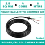 Power Cable with Rubber Grommet Kit for V-Guard, CRI, CGL & Other dewatering pumps featuring a 2.5 SQ MM X 4 CORE X 8 MTRS cable with waterproof rubber grommet assembly for secure cable sealing and electrical connection. Designed for submersible pumps, dewatering pumps, industrial water pumps, and pump spare part replacement applications, this durable cable kit provides reliable power transmission, leak-proof installation, and long-lasting performance in demanding industrial and water management environments. Power Cable With Rubber Grommet Contains : 1. SS 304 collar clamp, 2. Rubber Bush , 3. SS 304 PClip & 4. SS 304 Washer