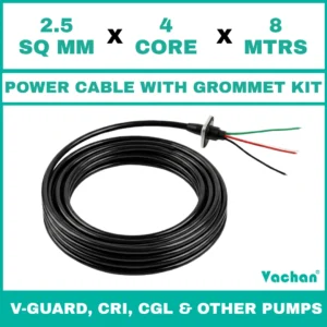 Power Cable with Rubber Grommet Kit for V-Guard, CRI, CGL & Other dewatering pumps featuring a 2.5 SQ MM X 4 CORE X 8 MTRS cable with waterproof rubber grommet assembly for secure cable sealing and electrical connection. Designed for submersible pumps, dewatering pumps, industrial water pumps, and pump spare part replacement applications, this durable cable kit provides reliable power transmission, leak-proof installation, and long-lasting performance in demanding industrial and water management environments. Power Cable With Rubber Grommet Contains : 1. SS 304 collar clamp, 2. Rubber Bush , 3. SS 304 PClip & 4. SS 304 Washer