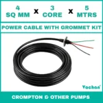 Power Cable with Rubber Grommet Kit for Crompton 7 other Pumps featuring a 4 SQ MM X 3 CORE X 5 MTRS cable with waterproof rubber grommet assembly for secure cable sealing and electrical connection. Designed for submersible pumps, dewatering pumps, industrial water pumps, and pump spare part replacement applications, this durable cable kit provides reliable power transmission, leak-proof installation, and long-lasting performance in demanding industrial and water management environments. Power Cable With Rubber Grommet Contains : 1. SS 304 collar clamp, 2. Rubber Bush , 3. SS 304 PClip & 4. SS 304 Washer