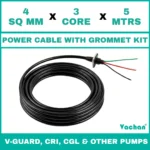 Power Cable with Rubber Grommet Kit for V-Guard, CRI, CGL & Other dewatering pumps featuring a 4 SQ MM X 3 CORE X 5 MTRS cable with waterproof rubber grommet assembly for secure cable sealing and electrical connection. Designed for submersible pumps, dewatering pumps, industrial water pumps, and pump spare part replacement applications, this durable cable kit provides reliable power transmission, leak-proof installation, and long-lasting performance in demanding industrial and water management environments. Power Cable With Rubber Grommet Contains : 1. SS 304 collar clamp, 2. Rubber Bush , 3. SS 304 PClip & 4. SS 304 Washer