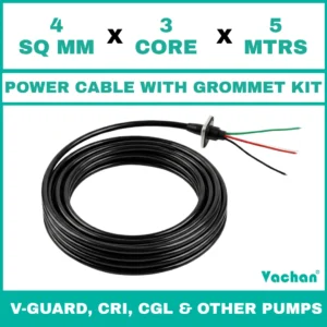 Power Cable with Rubber Grommet Kit for V-Guard, CRI, CGL & Other dewatering pumps featuring a 4 SQ MM X 3 CORE X 5 MTRS cable with waterproof rubber grommet assembly for secure cable sealing and electrical connection. Designed for submersible pumps, dewatering pumps, industrial water pumps, and pump spare part replacement applications, this durable cable kit provides reliable power transmission, leak-proof installation, and long-lasting performance in demanding industrial and water management environments. Power Cable With Rubber Grommet Contains : 1. SS 304 collar clamp, 2. Rubber Bush , 3. SS 304 PClip & 4. SS 304 Washer