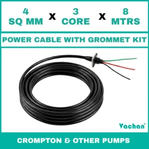 Power Cable with Rubber Grommet Kit for Crompton 7 other Pumps featuring a 4 SQ MM X 3 CORE X 8 MTRS cable with waterproof rubber grommet assembly for secure cable sealing and electrical connection. Designed for submersible pumps, dewatering pumps, industrial water pumps, and pump spare part replacement applications, this durable cable kit provides reliable power transmission, leak-proof installation, and long-lasting performance in demanding industrial and water management environments. Power Cable With Rubber Grommet Contains : 1. SS 304 collar clamp, 2. Rubber Bush , 3. SS 304 PClip & 4. SS 304 Washer