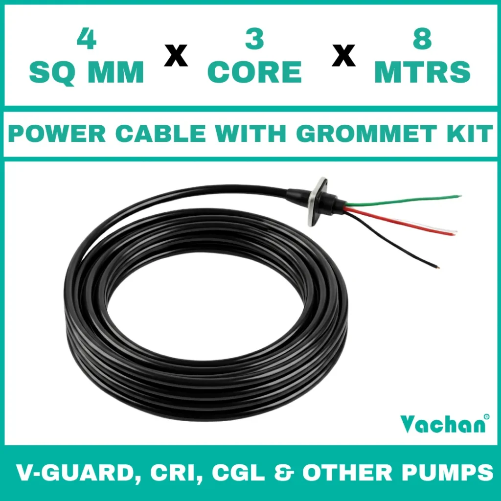 Power Cable with Rubber Grommet Kit for V-Guard, CRI, CGL & Other dewatering pumps featuring a 4 SQ MM X 3 CORE X 8 MTRS cable with waterproof rubber grommet assembly for secure cable sealing and electrical connection. Designed for submersible pumps, dewatering pumps, industrial water pumps, and pump spare part replacement applications, this durable cable kit provides reliable power transmission, leak-proof installation, and long-lasting performance in demanding industrial and water management environments. Power Cable With Rubber Grommet Contains : 1. SS 304 collar clamp, 2. Rubber Bush , 3. SS 304 PClip & 4. SS 304 Washer