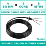 Power Cable with Rubber Grommet Kit for V-Guard, CRI, CGL & Other dewatering pumps featuring a 4 SQ MM X 3 CORE X 8 MTRS cable with waterproof rubber grommet assembly for secure cable sealing and electrical connection. Designed for submersible pumps, dewatering pumps, industrial water pumps, and pump spare part replacement applications, this durable cable kit provides reliable power transmission, leak-proof installation, and long-lasting performance in demanding industrial and water management environments. Power Cable With Rubber Grommet Contains : 1. SS 304 collar clamp, 2. Rubber Bush , 3. SS 304 PClip & 4. SS 304 Washer