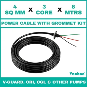 Power Cable with Rubber Grommet Kit for V-Guard, CRI, CGL & Other dewatering pumps featuring a 4 SQ MM X 3 CORE X 8 MTRS cable with waterproof rubber grommet assembly for secure cable sealing and electrical connection. Designed for submersible pumps, dewatering pumps, industrial water pumps, and pump spare part replacement applications, this durable cable kit provides reliable power transmission, leak-proof installation, and long-lasting performance in demanding industrial and water management environments. Power Cable With Rubber Grommet Contains : 1. SS 304 collar clamp, 2. Rubber Bush , 3. SS 304 PClip & 4. SS 304 Washer