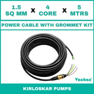 Power Cable with Rubber Grommet Kit for kirloskar 7 other Pumps featuring a 1.5 SQ MM X 4 CORE X 5 MTRS cable with waterproof rubber grommet assembly for secure cable sealing and electrical connection. Designed for submersible pumps, dewatering pumps, industrial water pumps, and pump spare part replacement applications, this durable cable kit provides reliable power transmission, leak-proof installation, and long-lasting performance in demanding industrial and water management environments. Power Cable With Rubber Grommet Contains : 1. Brass Nut 2. Rubber Bush , 3. SS 304 PClip & 4. Brass Washer