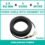Power Cable with Rubber Grommet Kit for kirloskar 7 other Pumps featuring a 1.5 SQ MM X 4 CORE X 8 MTRS cable with waterproof rubber grommet assembly for secure cable sealing and electrical connection. Designed for submersible pumps, dewatering pumps, industrial water pumps, and pump spare part replacement applications, this durable cable kit provides reliable power transmission, leak-proof installation, and long-lasting performance in demanding industrial and water management environments. Power Cable With Rubber Grommet Contains : 1. Brass Nut 2. Rubber Bush , 3. SS 304 PClip & 4. Brass Washer