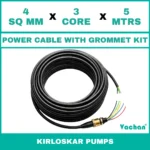 Power Cable with Rubber Grommet Kit for kirloskar 7 other Pumps featuring a 4 SQ MM X 3 CORE X 5 MTRS cable with waterproof rubber grommet assembly for secure cable sealing and electrical connection. Designed for submersible pumps, dewatering pumps, industrial water pumps, and pump spare part replacement applications, this durable cable kit provides reliable power transmission, leak-proof installation, and long-lasting performance in demanding industrial and water management environments. Power Cable With Rubber Grommet Contains : 1. Brass Nut 2. Rubber Bush , 3. SS 304 PClip & 4. Brass Washer