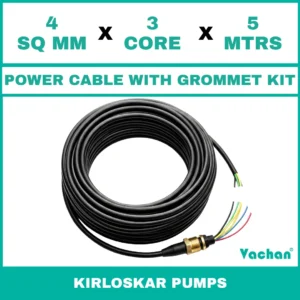 Power Cable with Rubber Grommet Kit for kirloskar 7 other Pumps featuring a 4 SQ MM X 3 CORE X 5 MTRS cable with waterproof rubber grommet assembly for secure cable sealing and electrical connection. Designed for submersible pumps, dewatering pumps, industrial water pumps, and pump spare part replacement applications, this durable cable kit provides reliable power transmission, leak-proof installation, and long-lasting performance in demanding industrial and water management environments. Power Cable With Rubber Grommet Contains : 1. Brass Nut 2. Rubber Bush , 3. SS 304 PClip & 4. Brass Washer