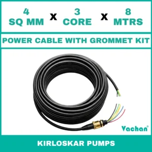 Power Cable with Rubber Grommet Kit for kirloskar 7 other Pumps featuring a 4 SQ MM X 3 CORE X 8 MTRS cable with waterproof rubber grommet assembly for secure cable sealing and electrical connection. Designed for submersible pumps, dewatering pumps, industrial water pumps, and pump spare part replacement applications, this durable cable kit provides reliable power transmission, leak-proof installation, and long-lasting performance in demanding industrial and water management environments. Power Cable With Rubber Grommet Contains : 1. Brass Nut 2. Rubber Bush , 3. SS 304 PClip & 4. Brass Washer