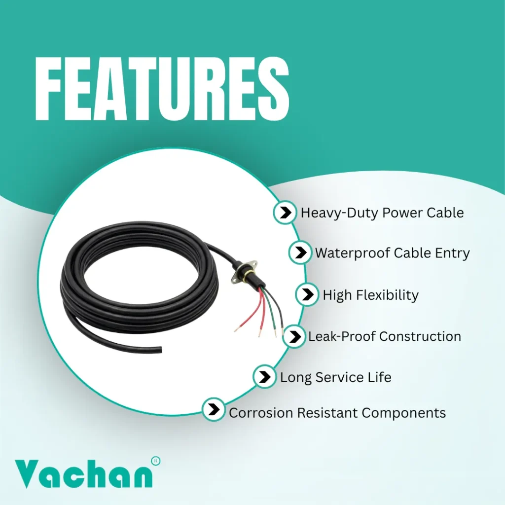 Feature overview of the Vachan Waterproof Power Cable with Grommet Kit suitable for Lubi pumps highlighting heavy-duty power cable construction, waterproof cable entry, high flexibility, leak-proof design, corrosion-resistant components, and long service life. Manufactured to deliver dependable electrical performance in submersible pumps, dewatering pumps, borewell pumps, sewage pumps, drainage pumps, and industrial pumping applications. The premium cable insulation protects against moisture while the rubber grommet and brass washer ensure effective waterproof sealing. Frequently searched Google keywords include waterproof pump cable, heavy-duty submersible cable, Lubi pump cable, pump cable kit, waterproof electrical cable, borewell pump cable, pump replacement cable, float switch cable, industrial pump cable, and pump motor spare parts.