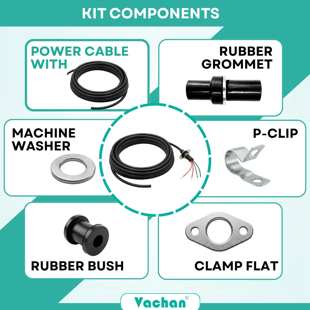 Complete Vachan Power Cable Grommet Kit suitable for Lubi pumps containing a heavy-duty power cable, rubber grommet, brass washer, P-clip, rubber bush, and flat clamp for secure installation in submersible pumps and dewatering pumps. Every component is engineered for waterproof sealing, cable protection, vibration resistance, and long-term durability under continuous water exposure. This replacement pump cable kit helps prevent water leakage while ensuring reliable electrical performance in borewell pumps, sewage pumps, drainage pumps, and industrial water pumping equipment. Popular Google search keywords include pump cable kit, submersible pump spare parts, waterproof cable kit, rubber grommet kit, pump cable accessories, Lubi pump spare parts, dewatering pump cable kit, waterproof sealing kit, pump repair kit, and electrical cable accessories.