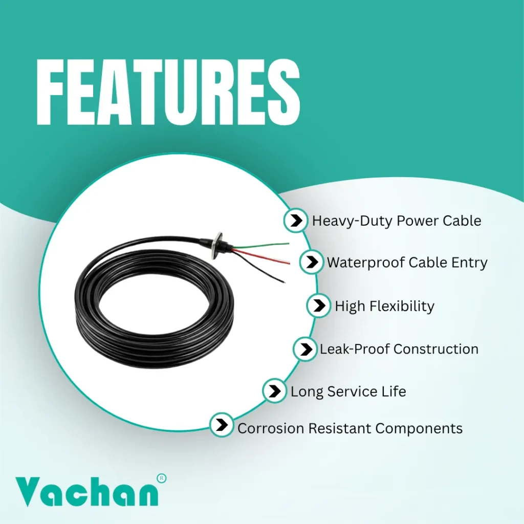 Feature overview of the Vachan Waterproof Power Cable with Grommet Kit suitable for V-Guard, CRI, CGL, Crompton, and other compatible pumps. Key highlights include heavy-duty power cable construction, waterproof cable entry, high flexibility, leak-proof sealing, corrosion-resistant components, and long operational life. Designed for reliable electrical connections in borewell pumps, submersible pumps, sewage pumps, drainage pumps, water transfer pumps, and industrial pumping systems. The premium cable insulation and rubber sealing system help prevent moisture ingress while improving pump reliability and service life. Popular Google search keywords include waterproof pump cable, submersible pump cable, heavy-duty electrical cable, V-Guard pump cable, CRI pump cable, CGL pump spare parts, Crompton pump cable, borewell motor cable, pump replacement cable, and industrial pump cable.