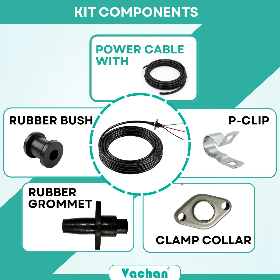 Complete Vachan Power Cable Grommet Kit suitable for V-Guard, CRI, CGL, Crompton, and other compatible pumps. The kit includes a heavy-duty waterproof power cable, rubber bush, rubber grommet, stainless steel clamp collar, and P-clip for complete pump cable replacement and secure installation. Every component is manufactured for superior waterproof sealing, vibration resistance, cable protection, and corrosion resistance in demanding water pumping environments. Suitable for submersible pumps, borewell pumps, drainage pumps, sewage pumps, agricultural pumps, and industrial pumping equipment. Frequently searched Google keywords include pump cable kit, submersible pump spare parts, waterproof cable kit, rubber grommet kit, pump repair kit, CRI pump spare parts, V-Guard pump accessories, Crompton pump cable kit, waterproof electrical cable, and pump installation accessories.