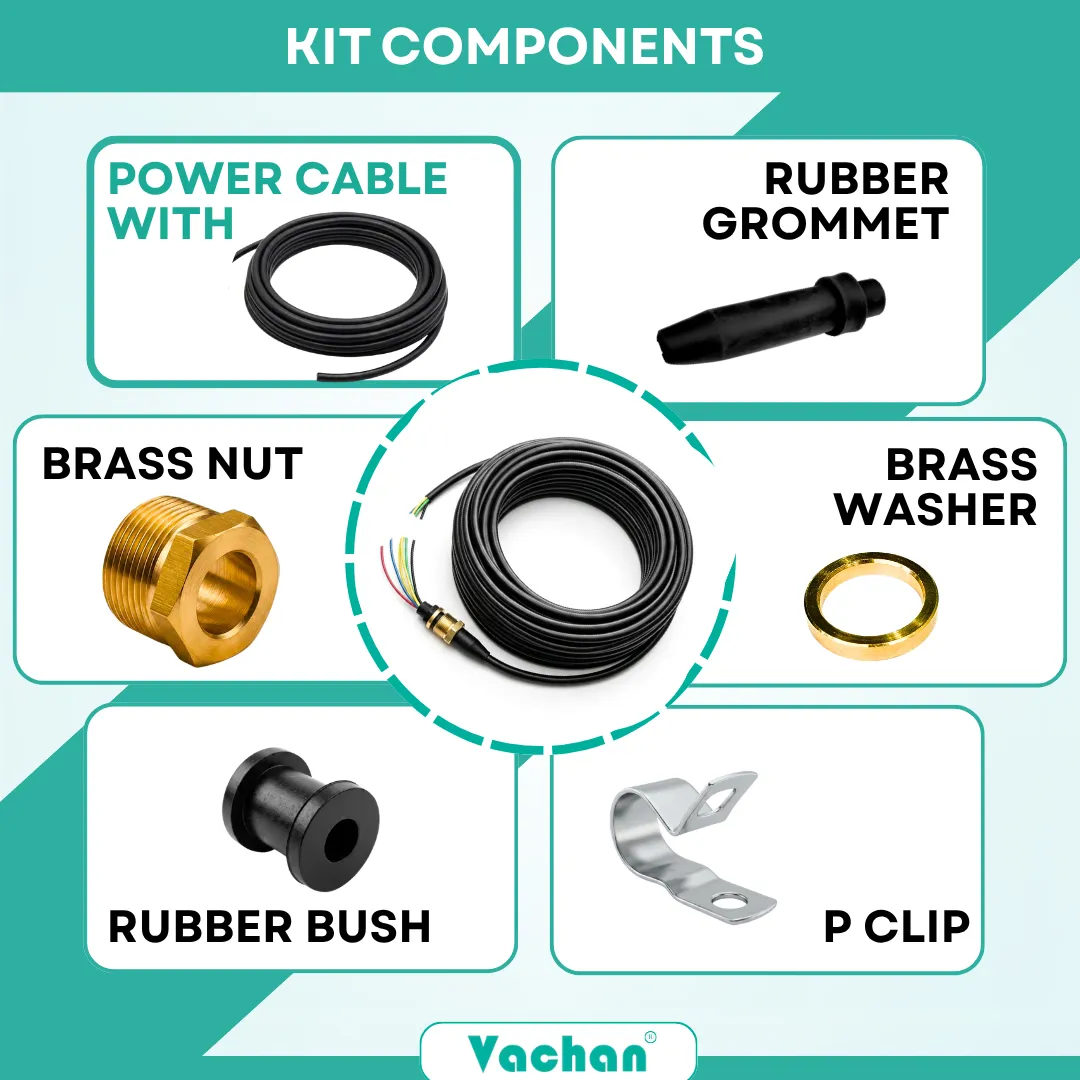 Complete Vachan Power Cable with Grommet Kit suitable for Kirloskar pumps, including heavy-duty power cable, waterproof rubber grommet, brass nut, brass washer, rubber bush, and stainless steel P-clip for secure installation. Every component is manufactured to provide dependable waterproof sealing, vibration resistance, cable protection, and corrosion resistance in demanding pump environments. Ideal for replacing worn-out Kirloskar submersible pump cables used in borewell pumps, openwell pumps, agricultural pumps, drainage pumps, sewage pumps, and industrial water pumping systems. Common Google search keywords include Kirloskar pump cable kit, waterproof pump cable, pump repair kit, brass gland cable, submersible pump accessories, borewell motor spare parts, replacement power cable, waterproof electrical cable, rubber grommet kit, and pump installation kit.