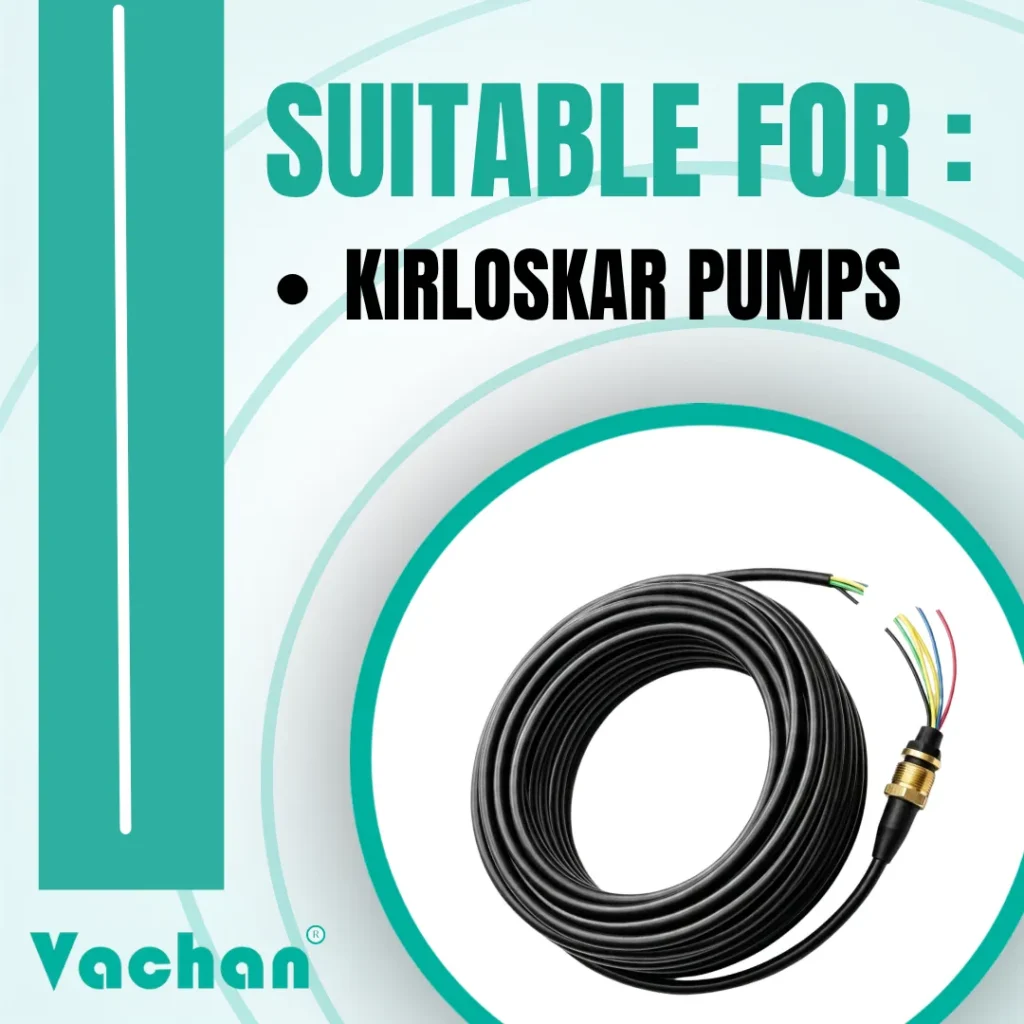 Vachan Power Cable with Grommet Kit specifically designed for Kirloskar submersible pumps and compatible water pump models. This waterproof replacement cable offers excellent electrical insulation, leak-proof sealing, corrosion resistance, and dependable performance under demanding operating conditions. Suitable for domestic water supply systems, agricultural irrigation pumps, industrial water transfer pumps, borewell pumps, openwell pumps, and commercial pumping installations. The premium brass gland and rubber sealing system help prevent water leakage while protecting internal electrical connections. Frequently searched keywords include Kirloskar submersible pump cable, Kirloskar borewell pump cable, waterproof power cable, replacement pump cable, submersible motor cable, Kirloskar pump spare parts, waterproof electrical cable, pump cable with grommet, heavy-duty motor cable, and borewell pump accessories.